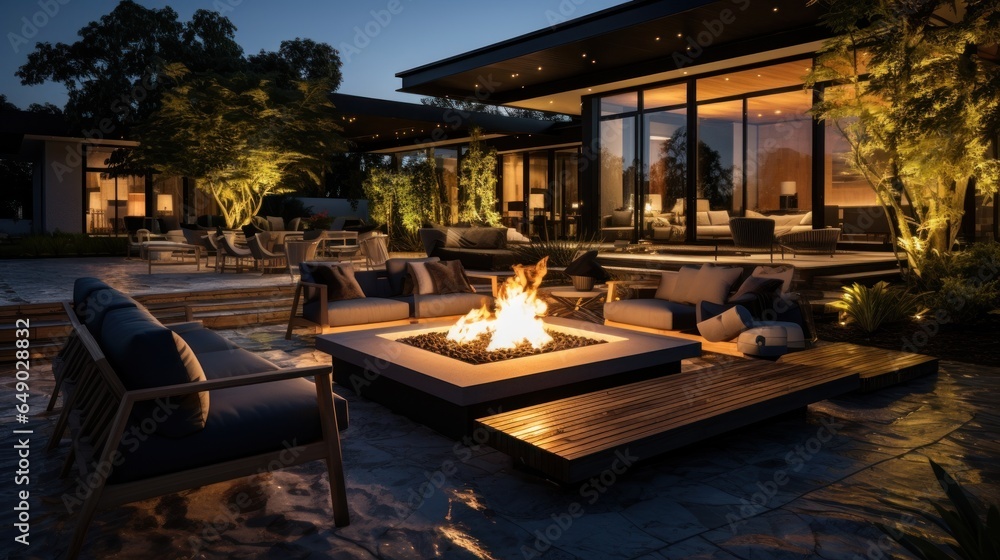 A backyard with a fire pit and a wooden patio