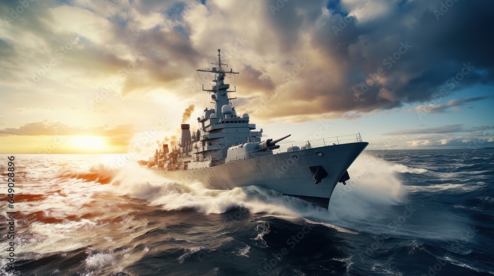 Large warship firing on the open sea Large warship firing on the open sea