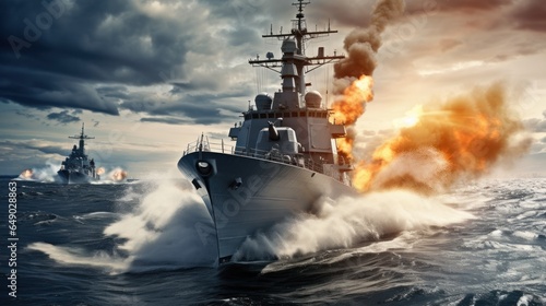 Large warship firing on the open sea photo