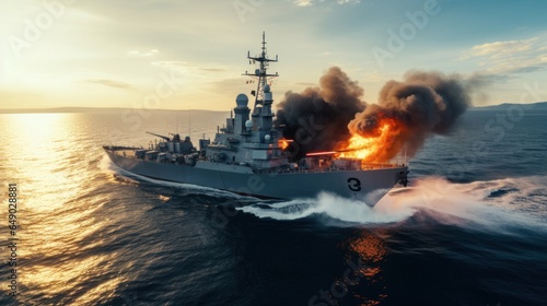 Large warship firing on the open sea