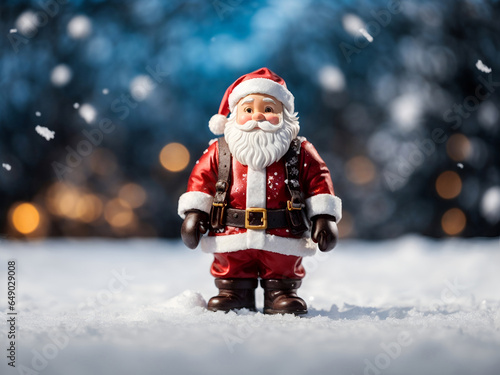 santa claus figurine christmas decorative object on snow and festive lights blur