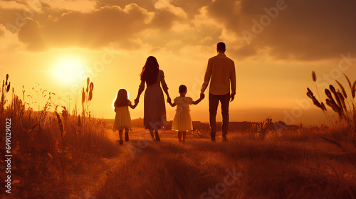 Happy family: mother, father, children son and daughter on sunset