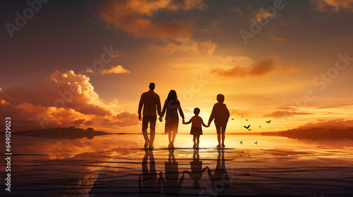 Happy family: mother, father, children son and daughter on sunset