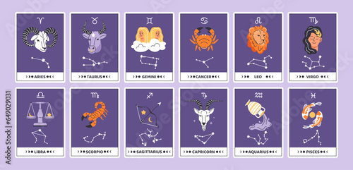 Horoscope cards set. Astrological signs of zodiac. Esoterics, astrology and constellations. Scorpio, Capricorn, Libra and Gemini. Cartoon flat vector collection isolated on violet background