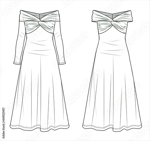 Vector maxi bohemian dress fashion CAD, woman flared off shoulder long dress technical drawing, template, sketch, flat, mock up. Jersey or woven fabric 2 pcs dress with front view, white color