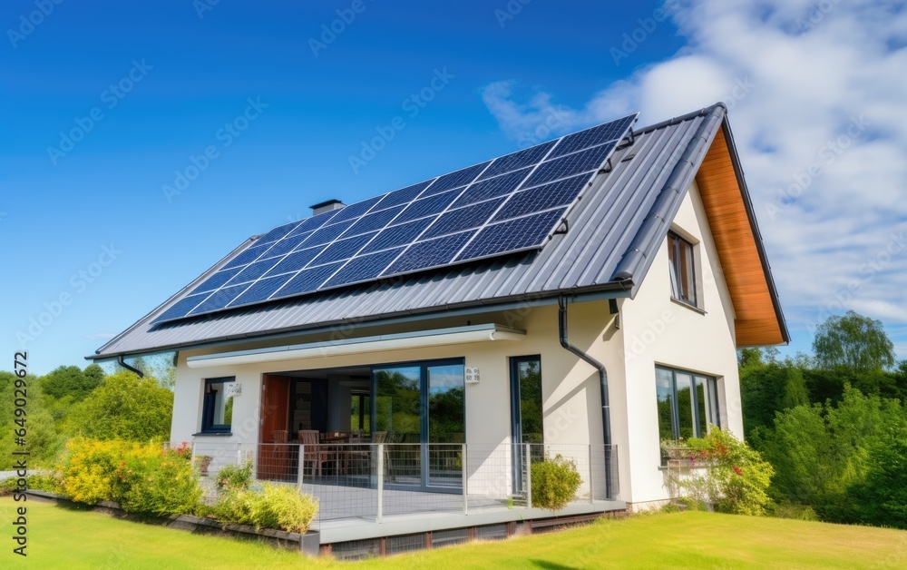 Newly constructed home with solar panels on the roof under a bright sky. Generative AI Newly constructed home with solar panels on the roof under a bright sky. Generative AI