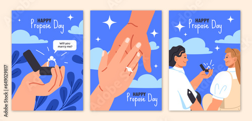 Propose day greeting cards set. Man gives woman diamond ring. Love and romance. Marry me. Bride and groom on romantic date. Cartoon flat vector collection isolated on white background