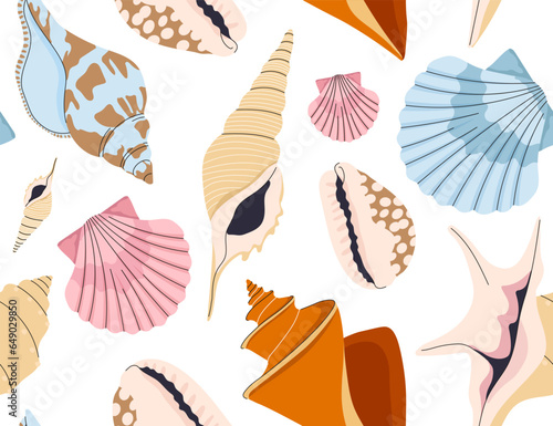 Seashells seamless pattern concept. Repeating design element for printing on fabric. Coralls and reefs. Nautical life and underwater objects. Biology and wildlife. Cartoon flat vector illustration photo