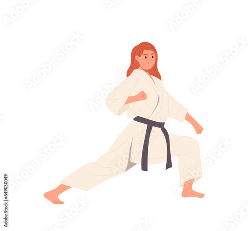Woman karate master cartoon character wearing kimono practicing combat technique isolated on white