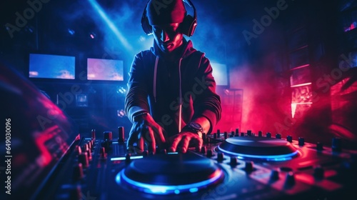 Vivid night club background with DJ © olegganko