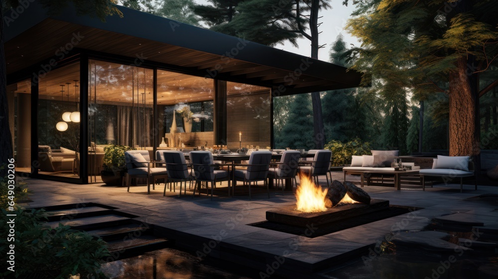 Fototapeta premium A backyard with a fire pit and a wooden patio