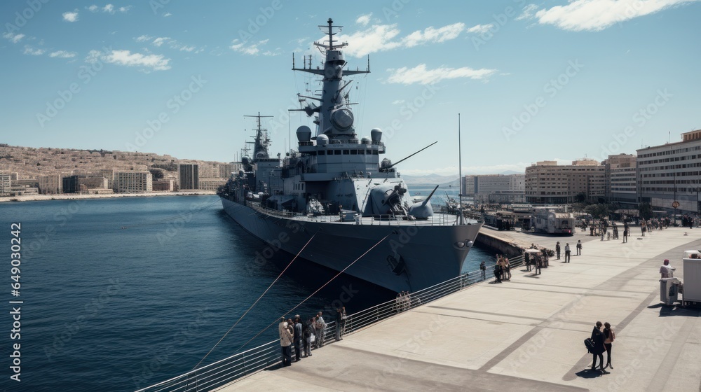 A large warship stands in the port of a European city