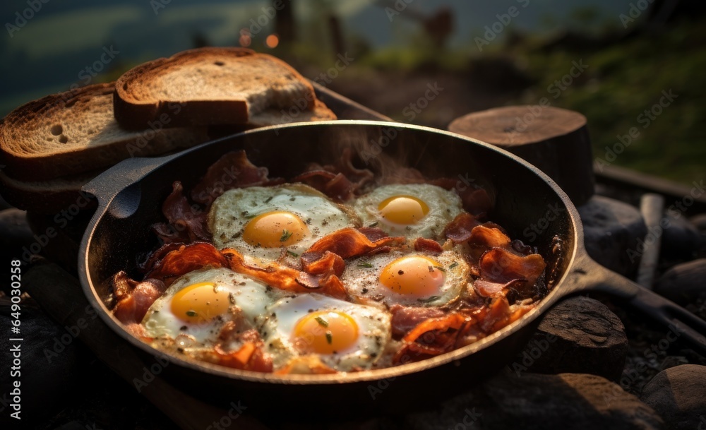 Bacon, eggs & breakfast on an open fire Bacon, eggs & breakfast on an open fire