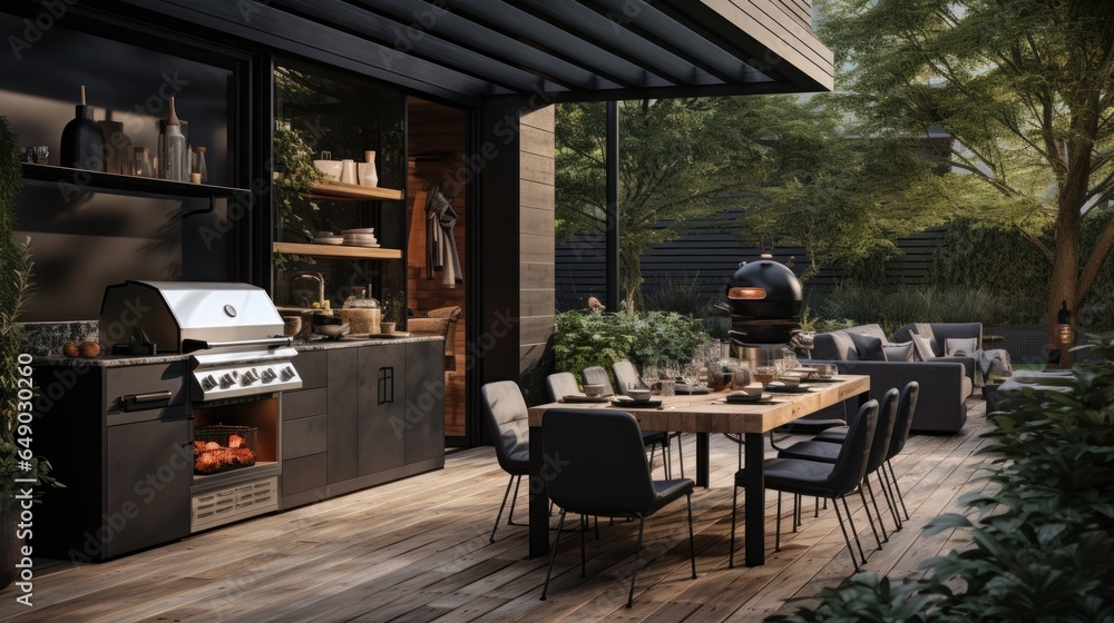 Fototapeta premium A black outdoor kitchen with plants on the deck