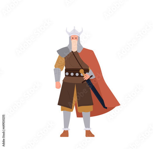Authentic nordic barbaric viking cartoon character wearing horned helmet, armor and cape with weapon
