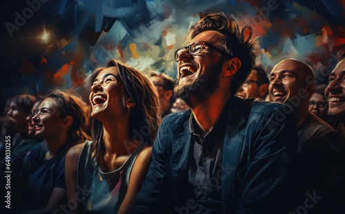 A group of people are laughing in an auditorium