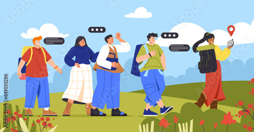 Teamleader at hiking concept. Woman with compass and backpack with people, young guys and girls. Active lifestyle and camping. Leadership and motivation. Cartoon flat vector illustration