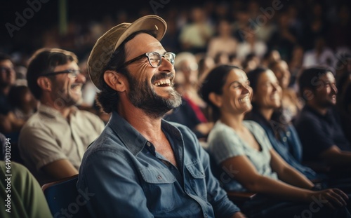 A group of people are laughing in an auditorium