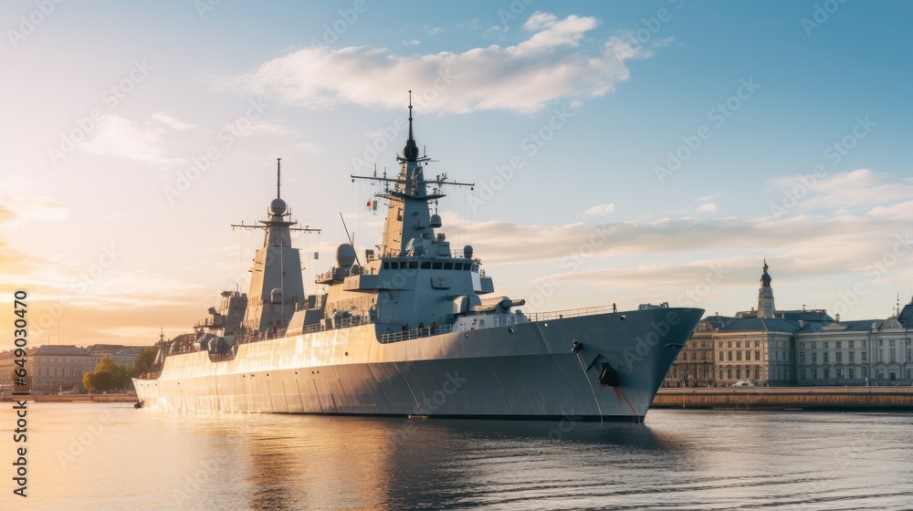 A large warship stands in the port of a European city A large warship stands in the port of a European city