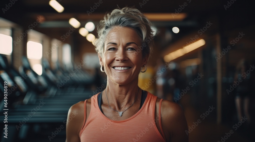 A beautiful senior woman is smiling in gym A beautiful senior woman is smiling in gym