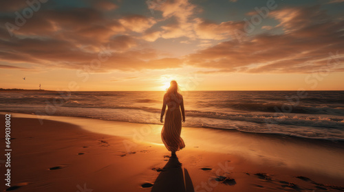 A girl in a light dress that flutters in the wind, standing on the beach at sunrise and welcoming the new day - a radiant horizon concept