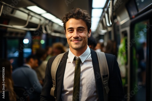 a young bussines commuter standing in a public bus