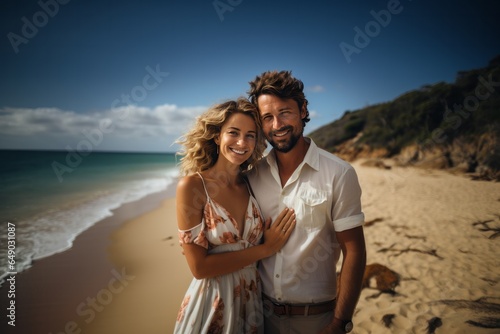 Young handsome happy couple on the beach in summer © Marek