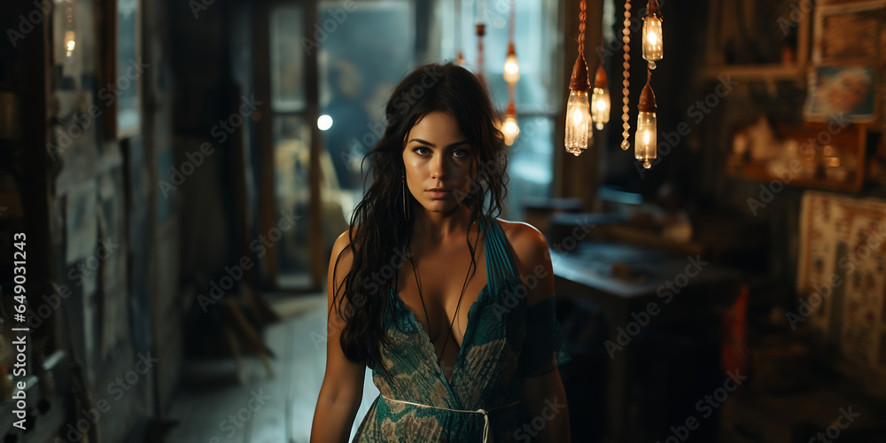 Naklejka premium Hübsche Escort Frau im eleganten sexy Abenkleid und wunderschönen dekorativen Kulisse als Hintergrund Porträt im Querformat für Banner, ai generativ