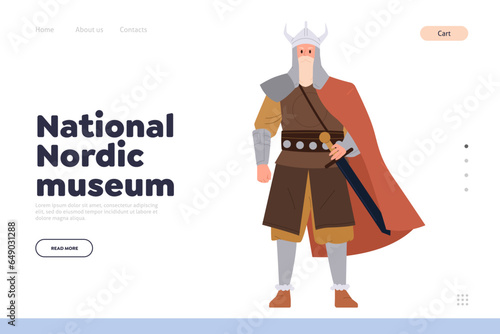 National Nordic museum online service landing page design template with scandinavian viking warrior