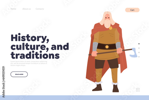 History, culture and tradition landing page with traditional scandinavian warrior cartoon character