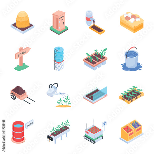 Set of Farming and Gardening Isometric Icons 

