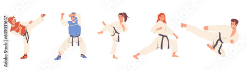 Diverse sports people in kimono fighting, attacking, practicing at martial arts education class