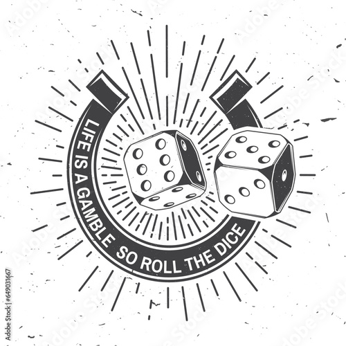 Gambling lucky logo, badge design with two dice and horseshoe silhouette. life is a gamble so roll the dice. Vector. Two dice and horseshoe for gambling industry, sport lottery services.