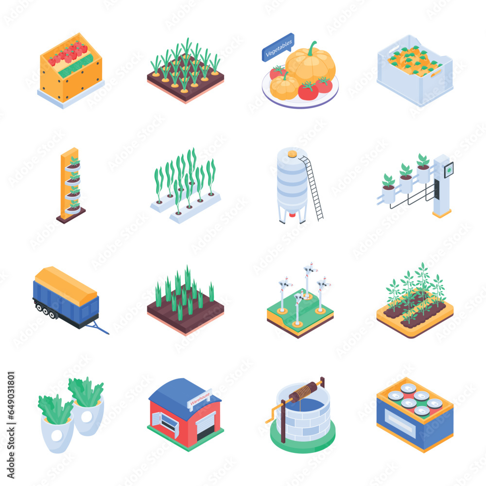 Farm Cultivation and Harvesting Isometric Icons 

