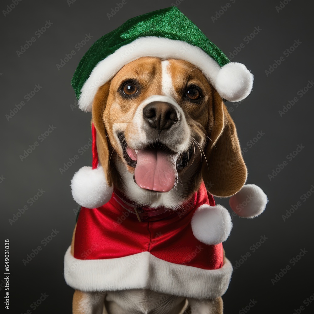 dog wearing santa claus hat. Dog on a Christmas card. New Year card. christmas atmosphere