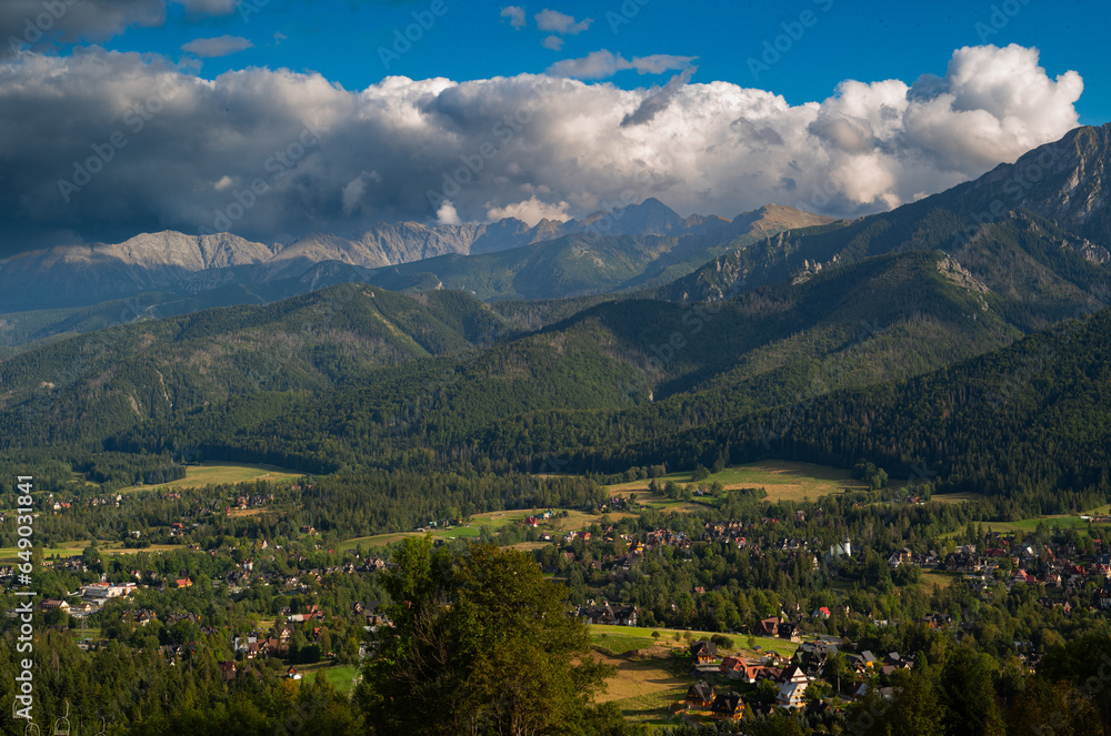 Beautiful view with mountains in the background. View of the Tatra.  Zakopane. Poland.