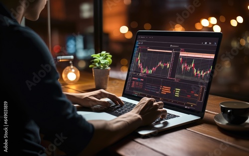 Investor stock trader broker using laptop checking trade market data. Generative AI
