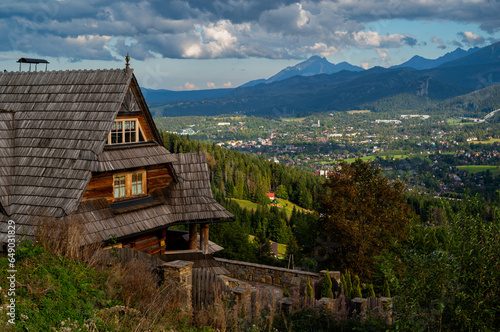 Beautiful view with mountains in the background. View of the Tatra.  Zakopane. Poland.