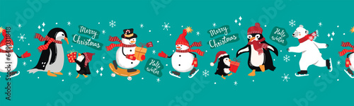 Funny cartoon border with snowmen, penguins and polar bear.Seamless pattern with lettering,cute characters and snowflakes.Winter holydays print on fabric and paper.Vector hand drawn illustration.