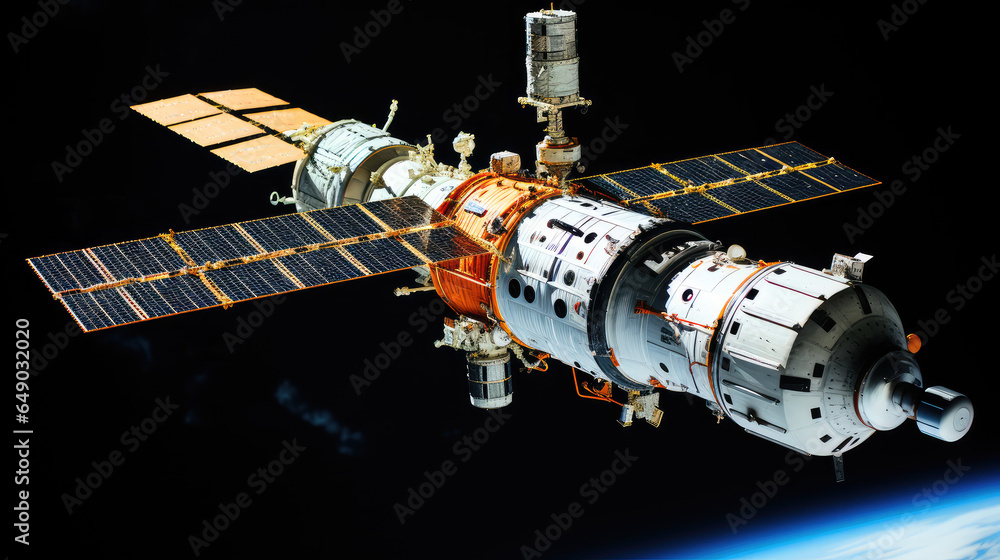 Fototapeta premium Stellar Innovations: A Modern Technology-Driven Space Station or Ship as Visualized by Generative AI
