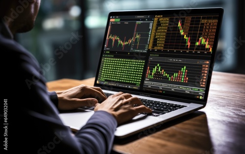 Investor stock trader broker using laptop checking trade market data. Generative AI