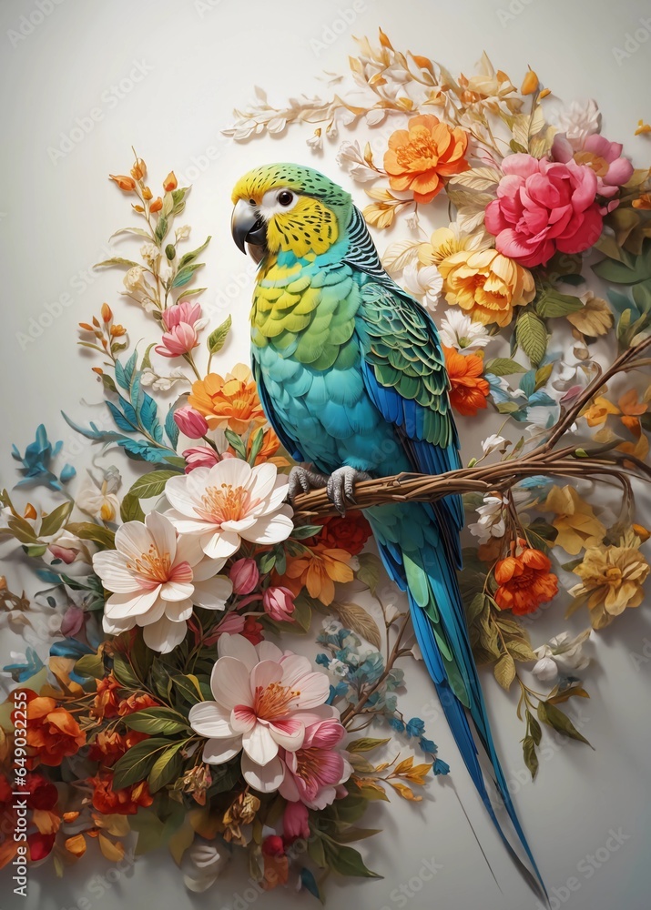 Obraz premium Tropical paradise - exotic flowers and parakeet 