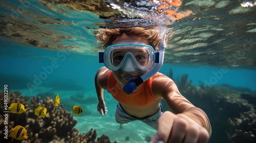 A curious 7-year-old boy, wearing snorkeling gear, floating on the water's surface in a tropical ocean setting. 