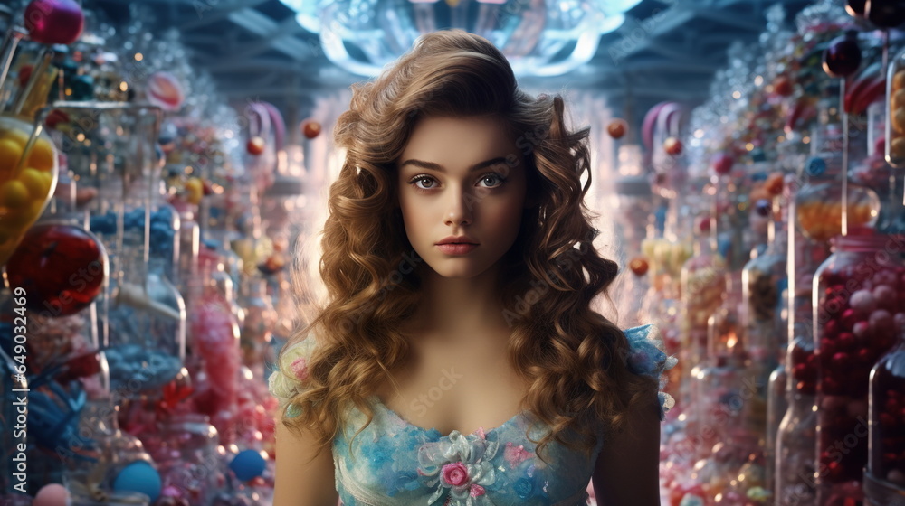 A girl with eyes like sparkling sugar crystals, wearing a gown adorned with confectionery elements, standing in a fantastical candy laboratory A girl with eyes like sparkling sugar crystals, wearing a gown adorned with confectionery elements, standing in a fantastical candy laboratory