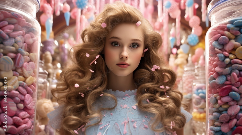 A girl with eyes like sparkling sugar crystals, wearing a gown adorned with confectionery elements, standing in a fantastical candy laboratory A girl with eyes like sparkling sugar crystals, wearing a gown adorned with confectionery elements, standing in a fantastical candy laboratory