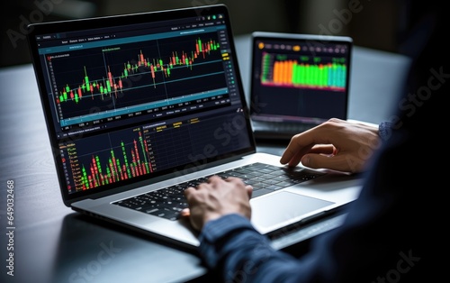 Investor stock trader broker using laptop checking trade market data. Generative AI