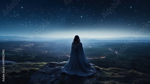 A girl with eyes reflecting the shine of the starry night sky, in a cloak sparkling with constellations, standing on the edge of a cosmic rock and looking into the endless expanses of the Universe.