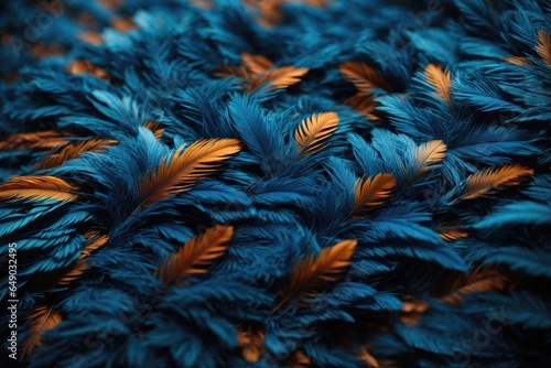 Blue feathers texture background. ai generative