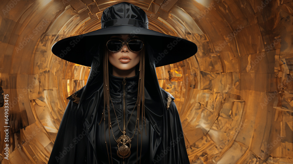 Afroamerikanische Model Frau im Gothik Vogue Stil und Hut mit edlen futuristischen Hintergund, ai generativ