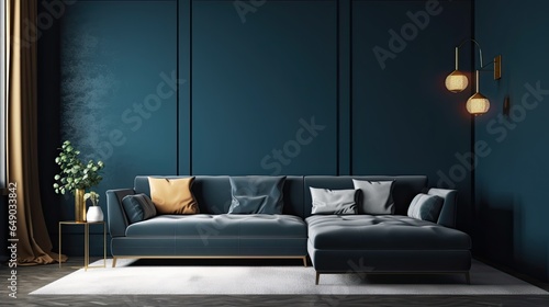 Modern living room interior with gray sofa